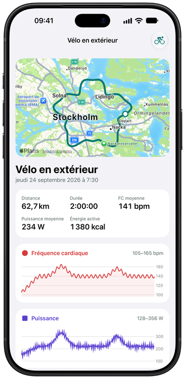 Écran Activité de SyncToHealth pour une sortie vélo en extérieur : le parcours sur une carte, puis la distance, la durée, la fréquence cardiaque moyenne, la puissance et l’énergie, avec des graphiques de fréquence cardiaque et de puissance.