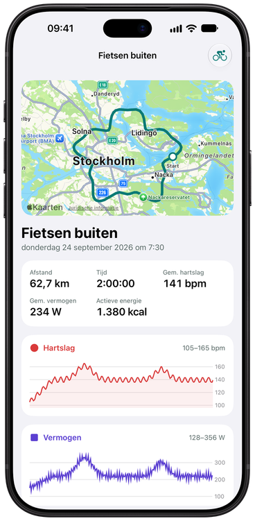 Activiteitsscherm van SyncToHealth voor een fietsrit buiten: de route op een kaart, dan afstand, tijd, gemiddelde hartslag, vermogen en energie, met grafieken voor hartslag en vermogen.