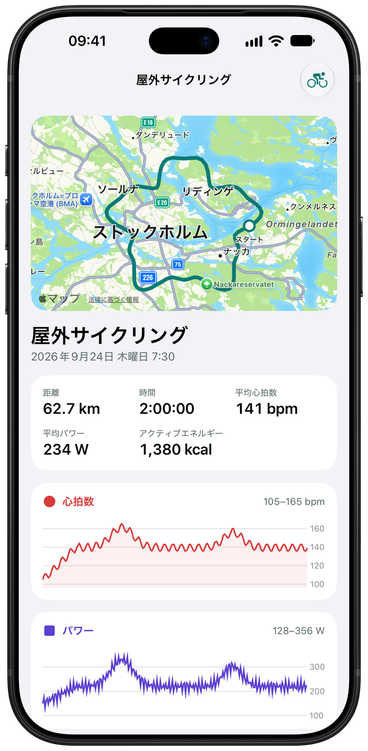 SyncToHealthの屋外サイクリングのアクティビティ画面。地図上のルート、距離、時間、平均心拍数、パワー、エネルギー、心拍数とパワーのグラフが表示されています。