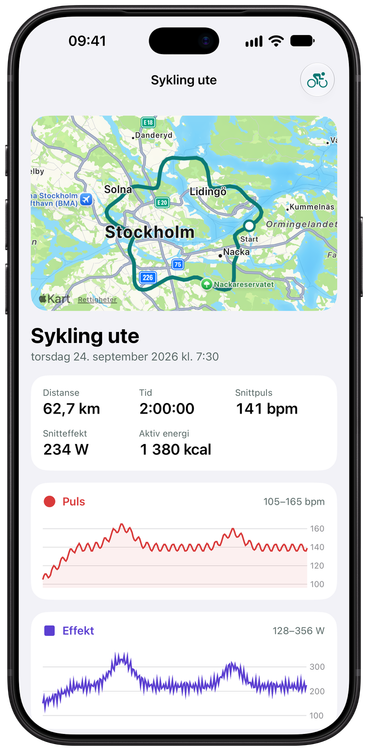 Aktivitetsskjermen i SyncToHealth for en sykkeltur utendørs: ruten på et kart, deretter distanse, tid, snittpuls, effekt og energi, med grafer for puls og effekt.