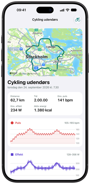 SyncToHealths aktivitetsskærm for en cykeltur udendørs: ruten på et kort, derefter distance, tid, gennemsnitspuls, effekt og energi, med grafer for puls og effekt.