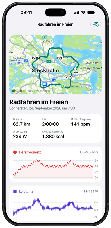Aktivitätsansicht von SyncToHealth für eine Radfahrt im Freien: die Route auf einer Karte, dann Distanz, Zeit, durchschnittliche Herzfrequenz, Leistung und Energie, mit Diagrammen für Herzfrequenz und Leistung.
