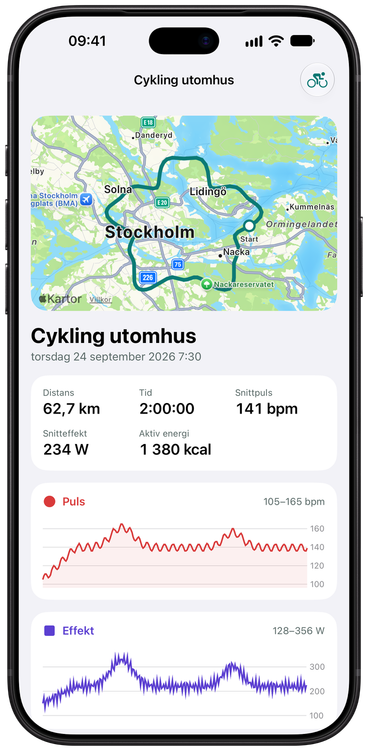 SyncToHealths aktivitetsskärm för en cykeltur utomhus: rutten på en karta, sedan distans, tid, snittpuls, effekt och energi, med diagram över puls och effekt.