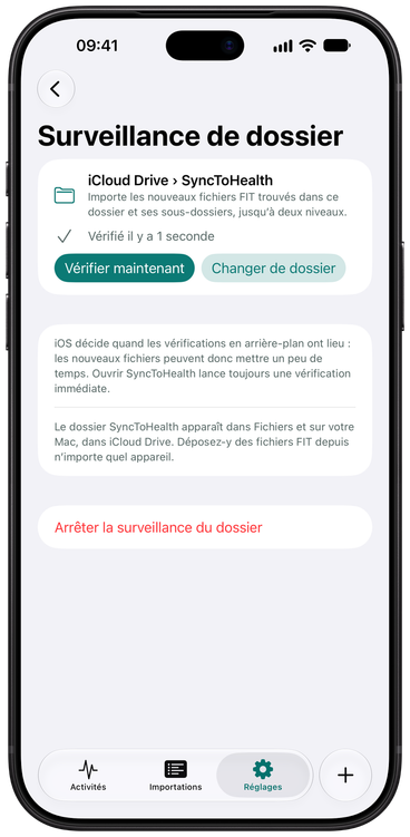 Réglages de la Surveillance de dossier dans SyncToHealth : le dossier choisi, la date de la dernière vérification et un bouton Vérifier maintenant.