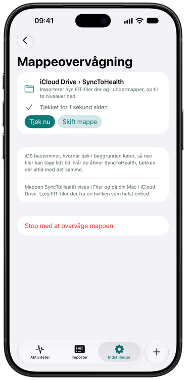 Indstillingerne for Mappeovervågning i SyncToHealth: den valgte mappe, hvornår den sidst blev tjekket, og en Tjek nu-knap.