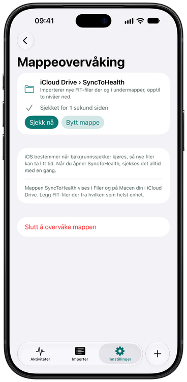 Innstillingene for Mappeovervåking i SyncToHealth: den valgte mappen, når den sist ble sjekket, og en Sjekk nå-knapp.
