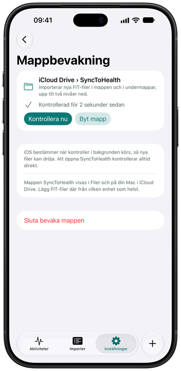 Inställningarna för Mappbevakning i SyncToHealth: den valda mappen, när den senast kontrollerades och knappen Kontrollera nu.