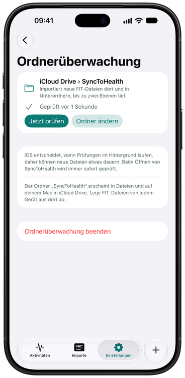 Die Einstellungen der Ordnerüberwachung in SyncToHealth: der gewählte Ordner, wann er zuletzt geprüft wurde, und die Taste „Jetzt prüfen“.
