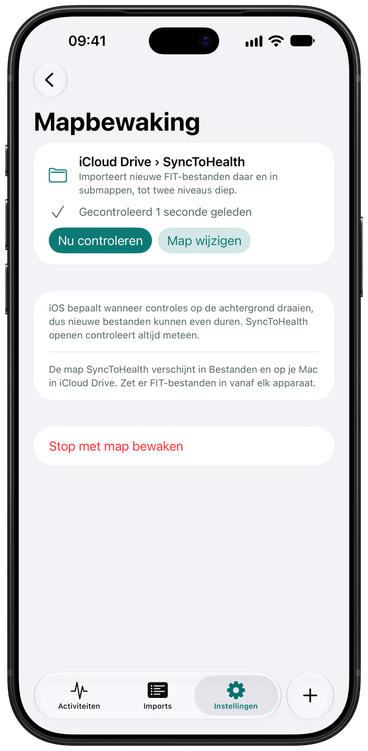 De instellingen voor Mapbewaking in SyncToHealth: de gekozen map, wanneer die voor het laatst is gecontroleerd en een knop Nu controleren.