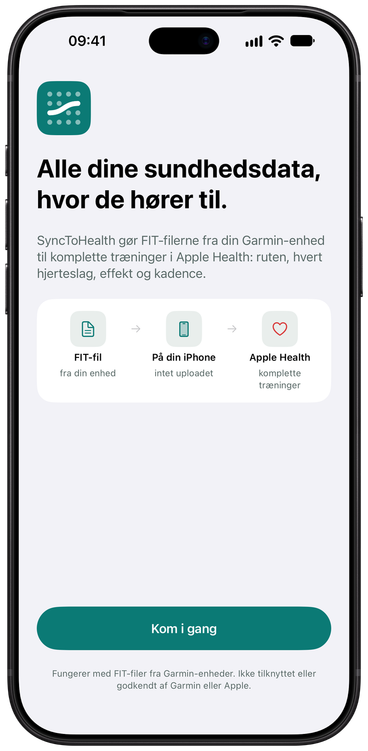 Velkomstskærmen i SyncToHealth, der viser den ensrettede vej fra FIT-fil til Apple Health.