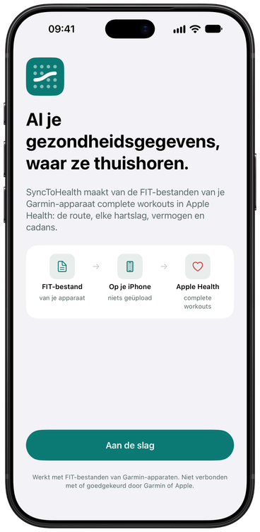 Het welkomstscherm van SyncToHealth met de weg in één richting, van FIT-bestand naar Apple Health.