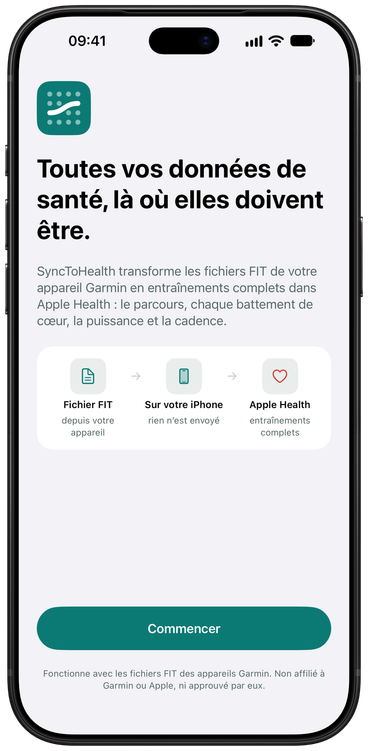 L’écran d’accueil de SyncToHealth montrant le chemin à sens unique du fichier FIT vers Apple Health.