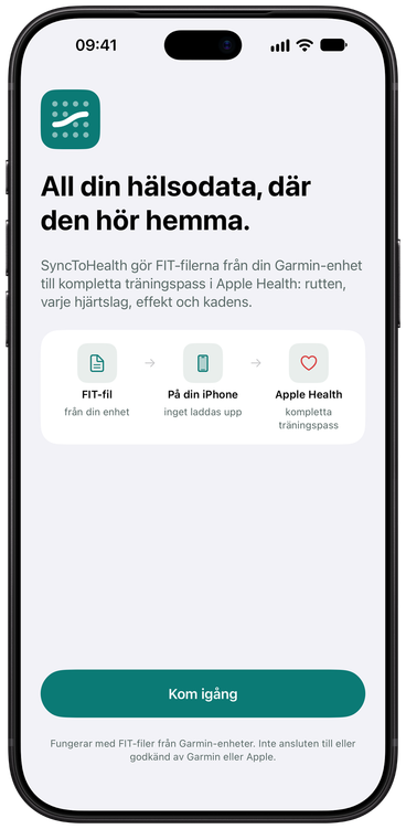 Välkomstskärmen i SyncToHealth som visar den enkelriktade vägen från FIT-fil till Apple Health.