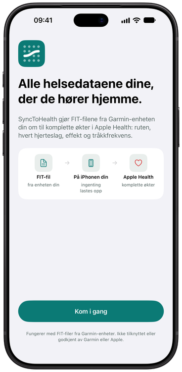 Velkomstskjermen i SyncToHealth som viser den enveis veien fra FIT-fil til Apple Health.