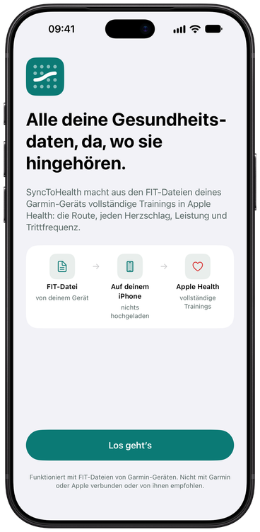 Der Willkommensbildschirm von SyncToHealth mit dem Weg in eine Richtung, von der FIT-Datei zu Apple Health.